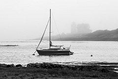 Sailboat Moored by Hendricks Head Light in Fog -BW